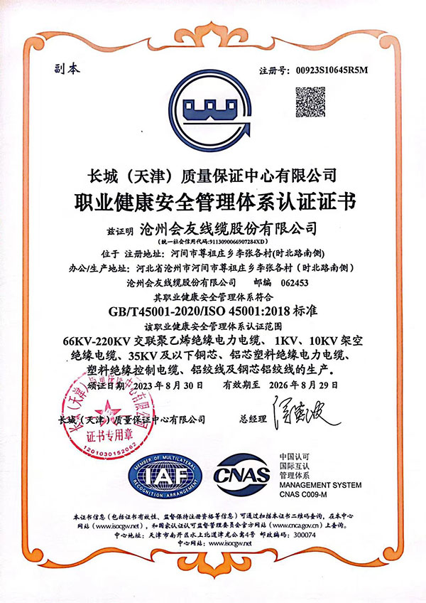 職業(yè)健康安全管理體系認證證書